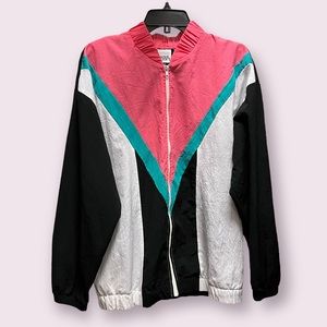 Teddi Sport Women’s VTG 80’s Track Jacket Black, White, Pink & Turquoise  Large